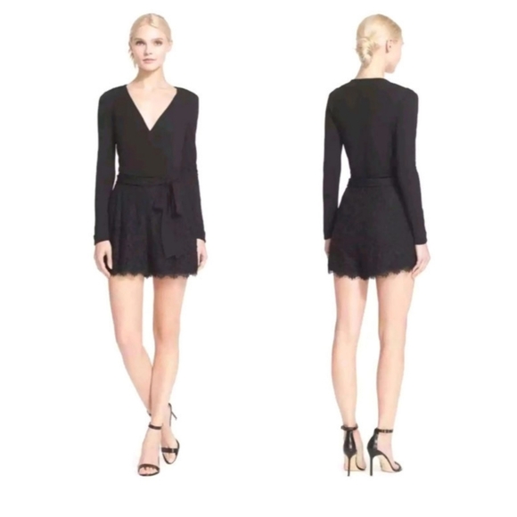 Diane Von Furstenberg Tillie Black Romper Lace Slinky Material Wrap Pockets SZ 8 - Picture 2 of 12